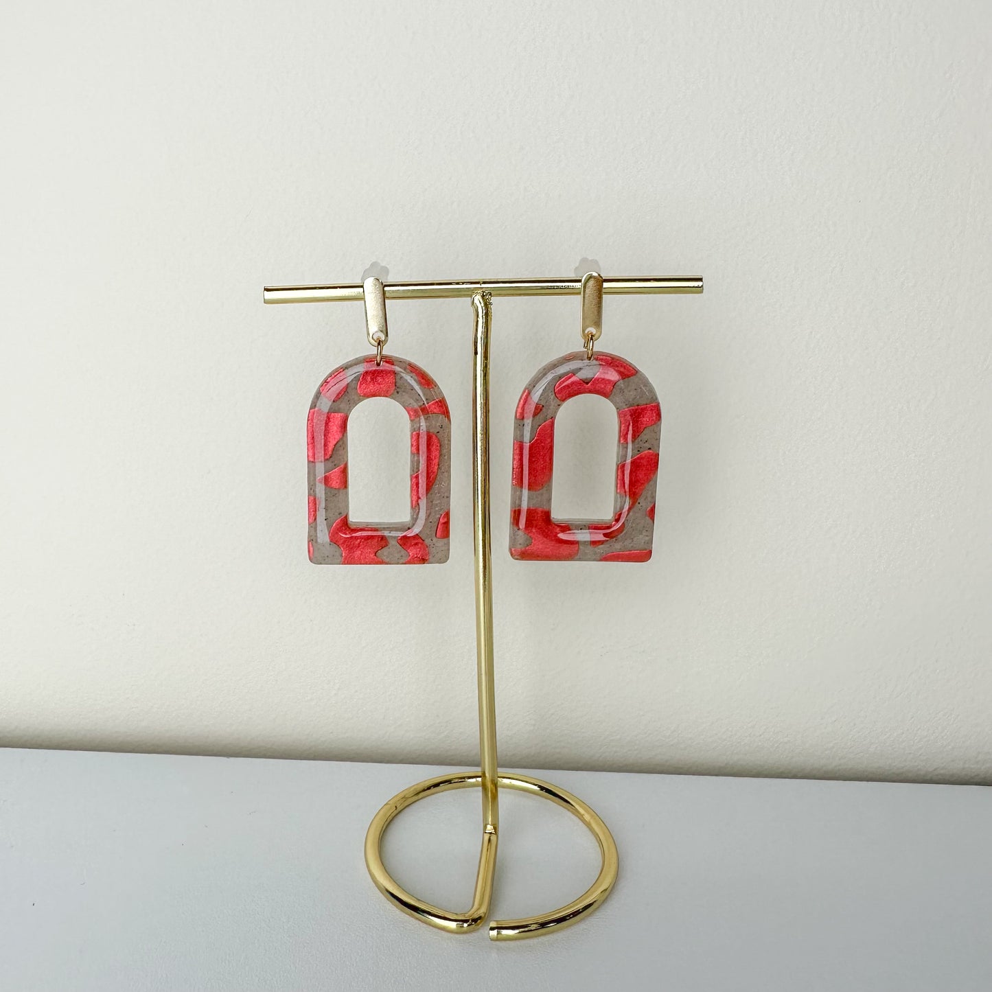 Red and Grey Abstract Arch Polymer Clay Dangle Earrings