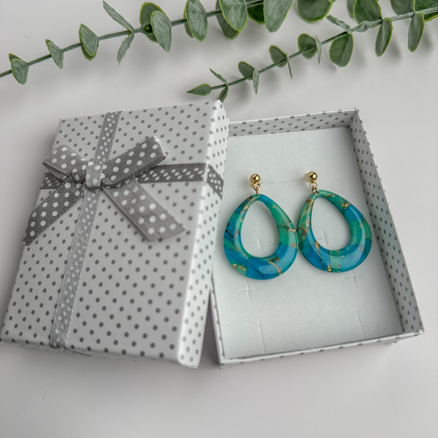 Teal Marbled Teardrop Hoop Polymer Clay Dangle Earrings