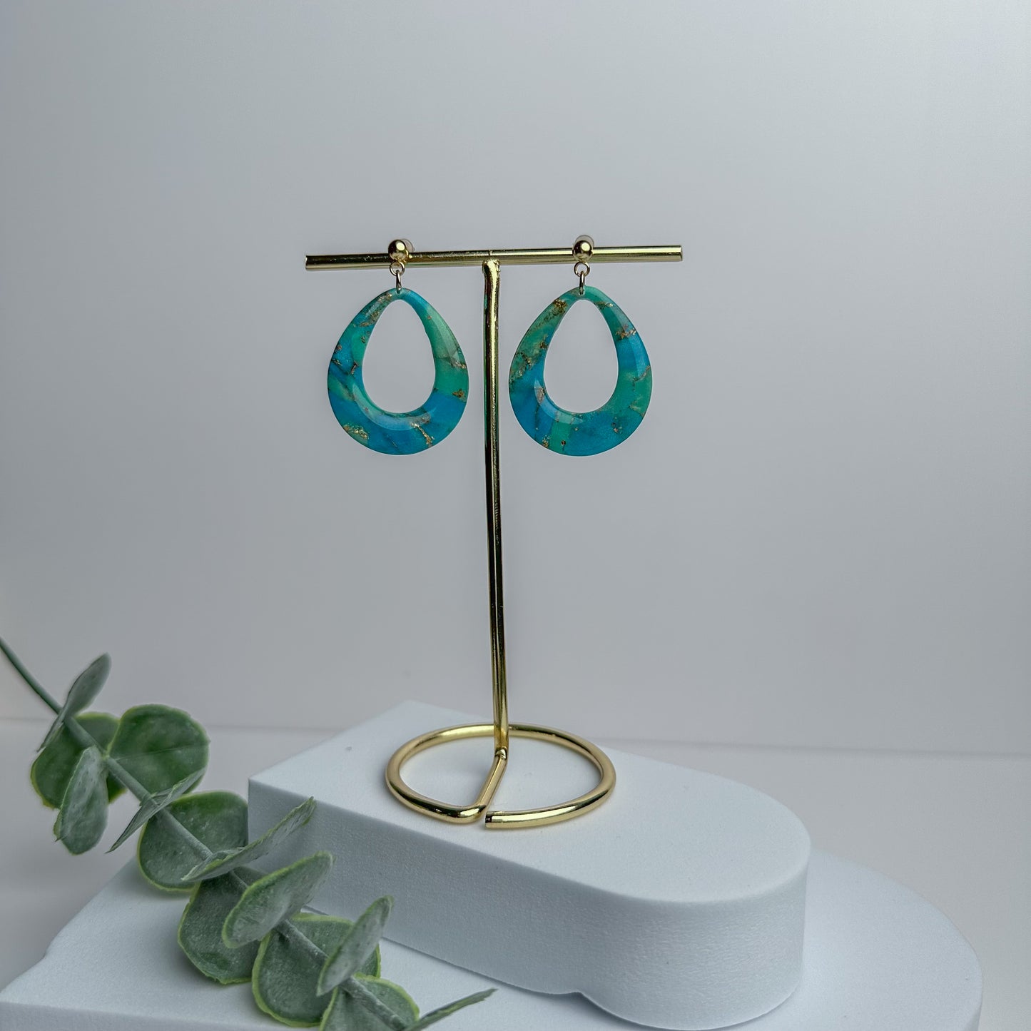 Teal Marbled Teardrop Hoop Polymer Clay Dangle Earrings
