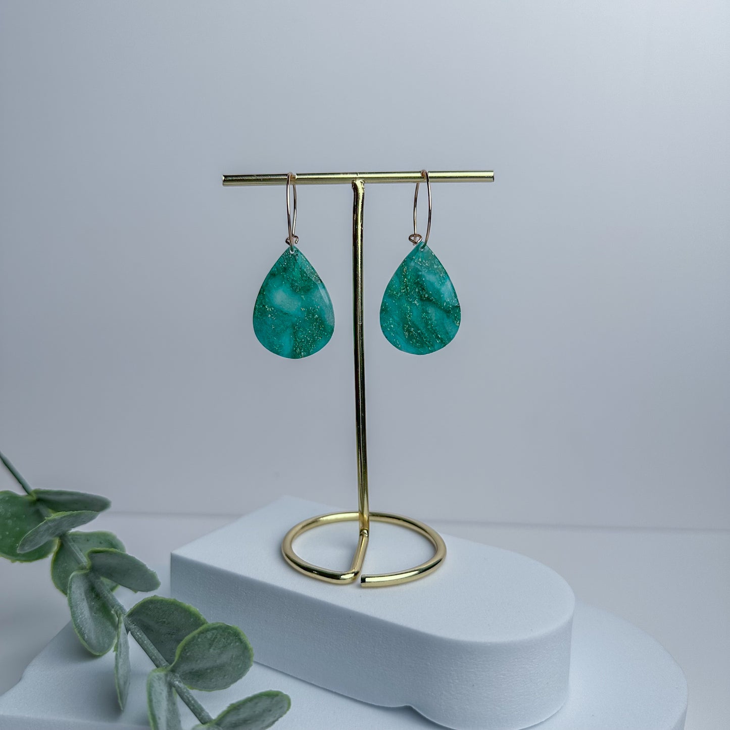 Teal Teardrop Polymer Clay Hoop Earrings