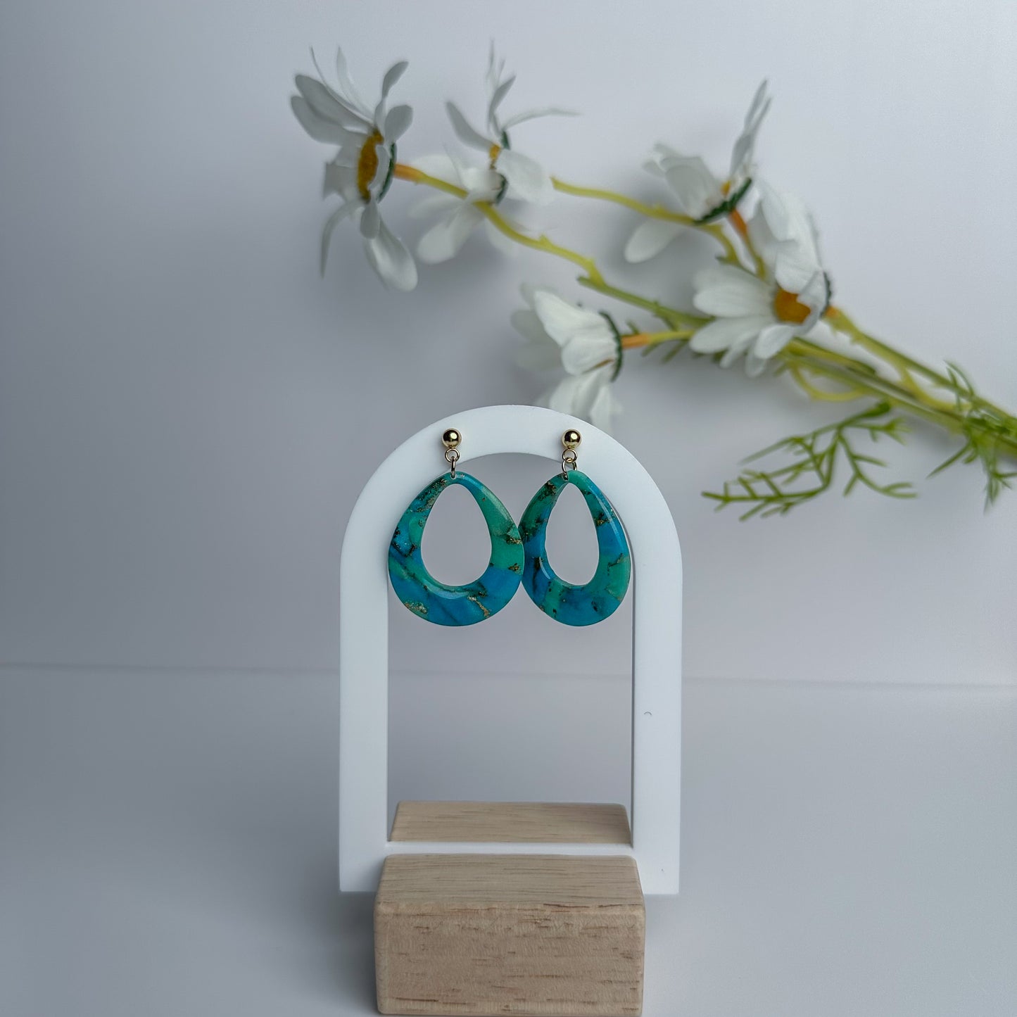 Teal Marbled Teardrop Hoop Polymer Clay Dangle Earrings