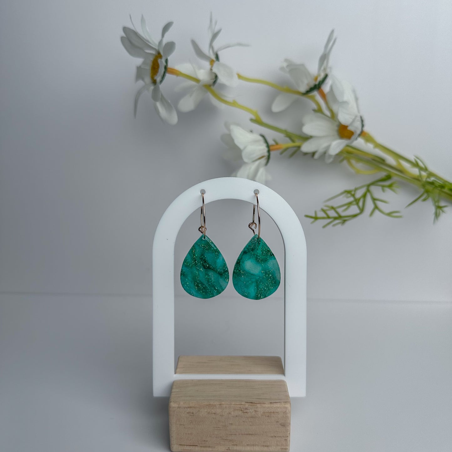 Teal Teardrop Polymer Clay Hoop Earrings