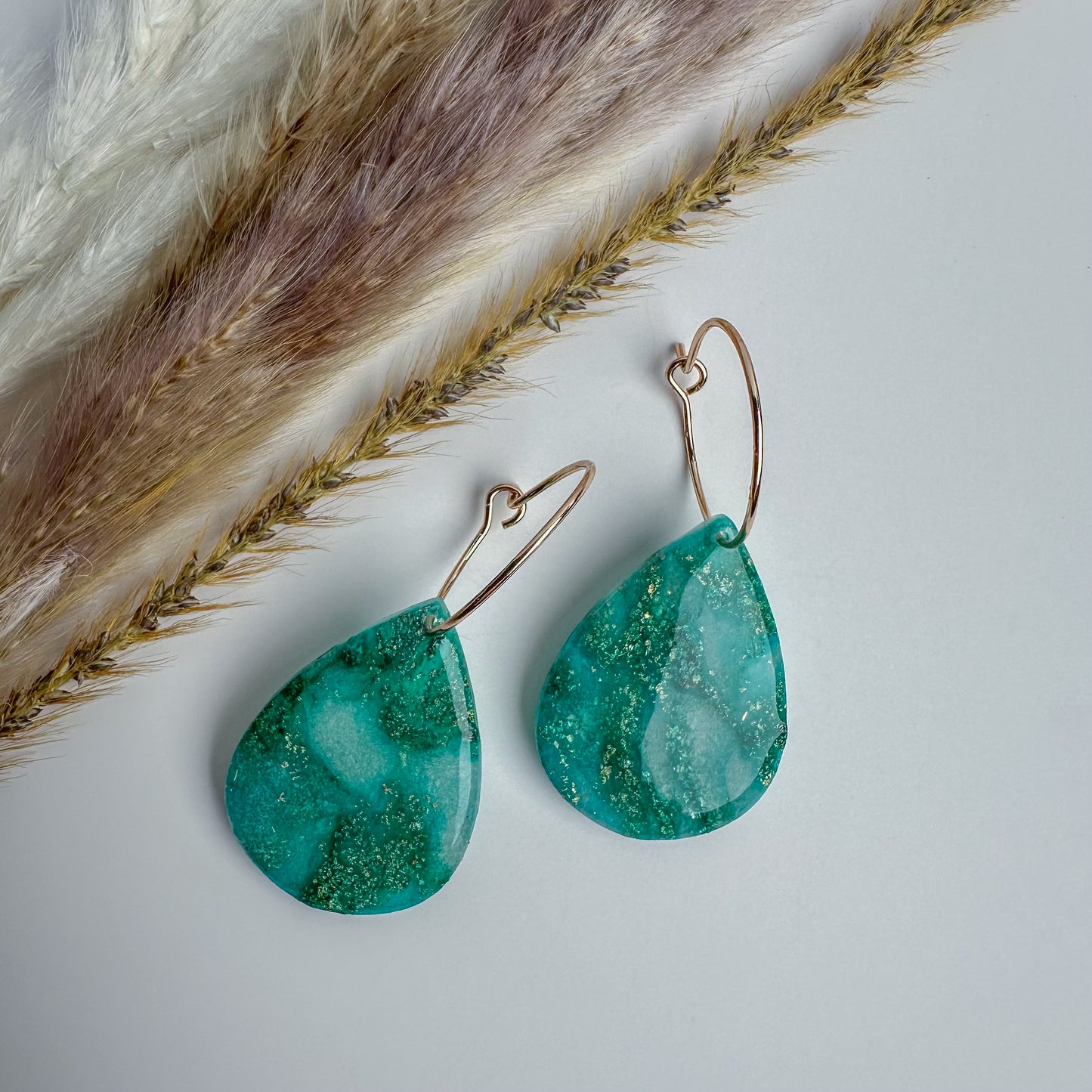 Teal Teardrop Polymer Clay Hoop Earrings