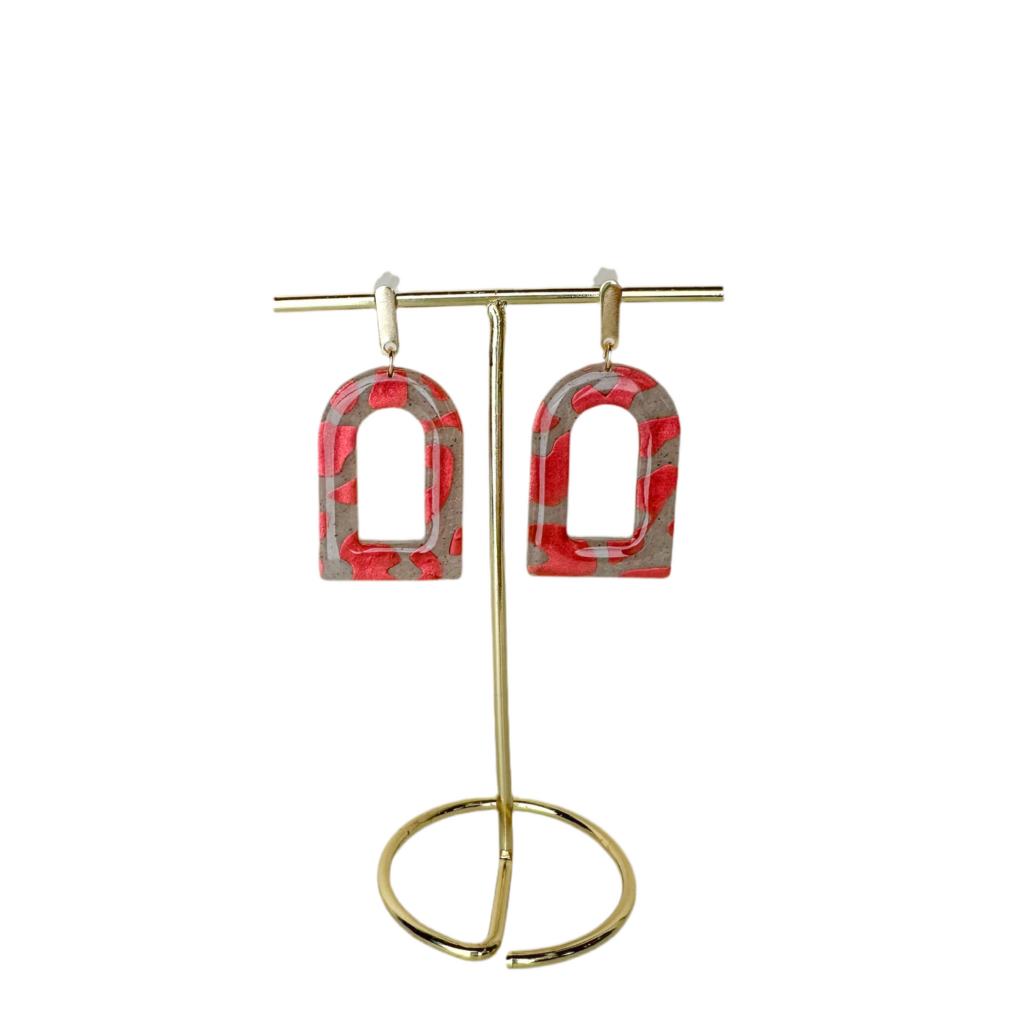 Red and Grey Abstract Arch Polymer Clay Dangle Earrings