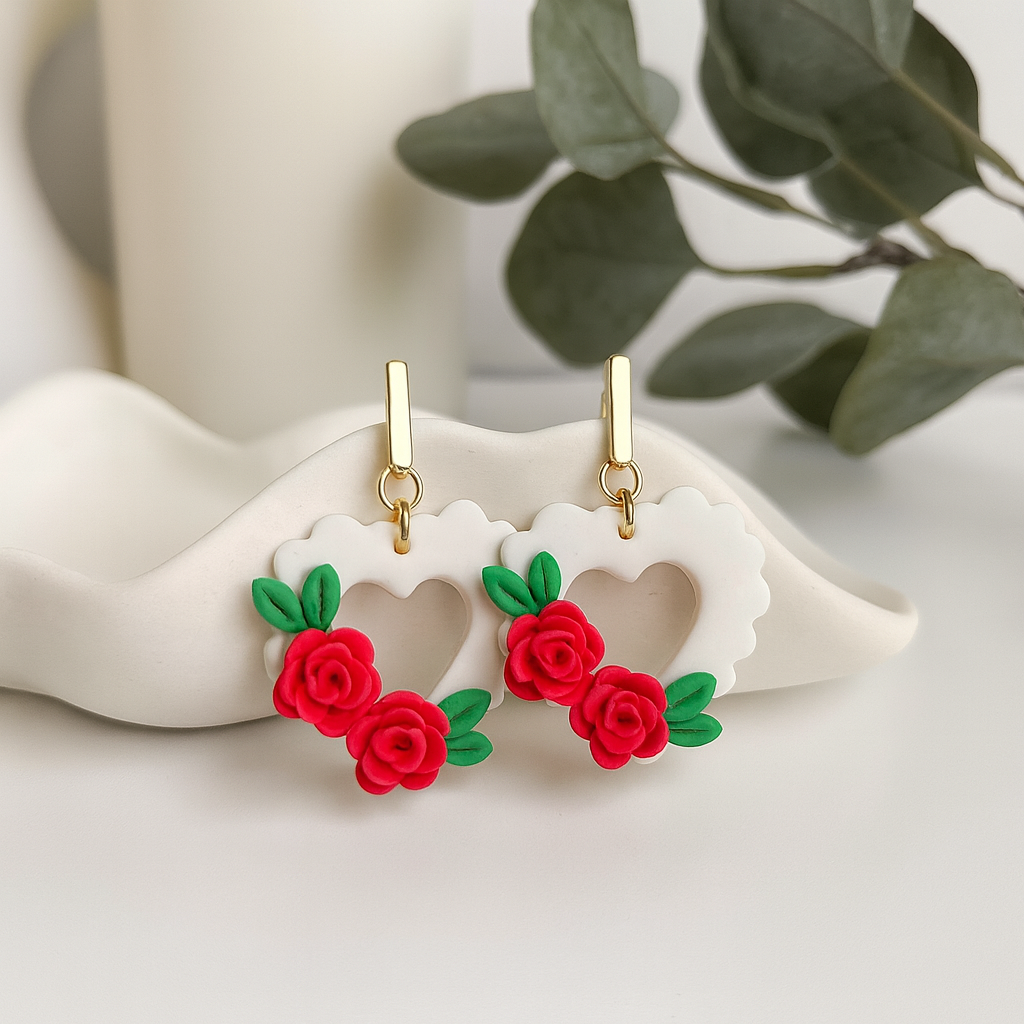 white floral hearts handmade using polymer clay