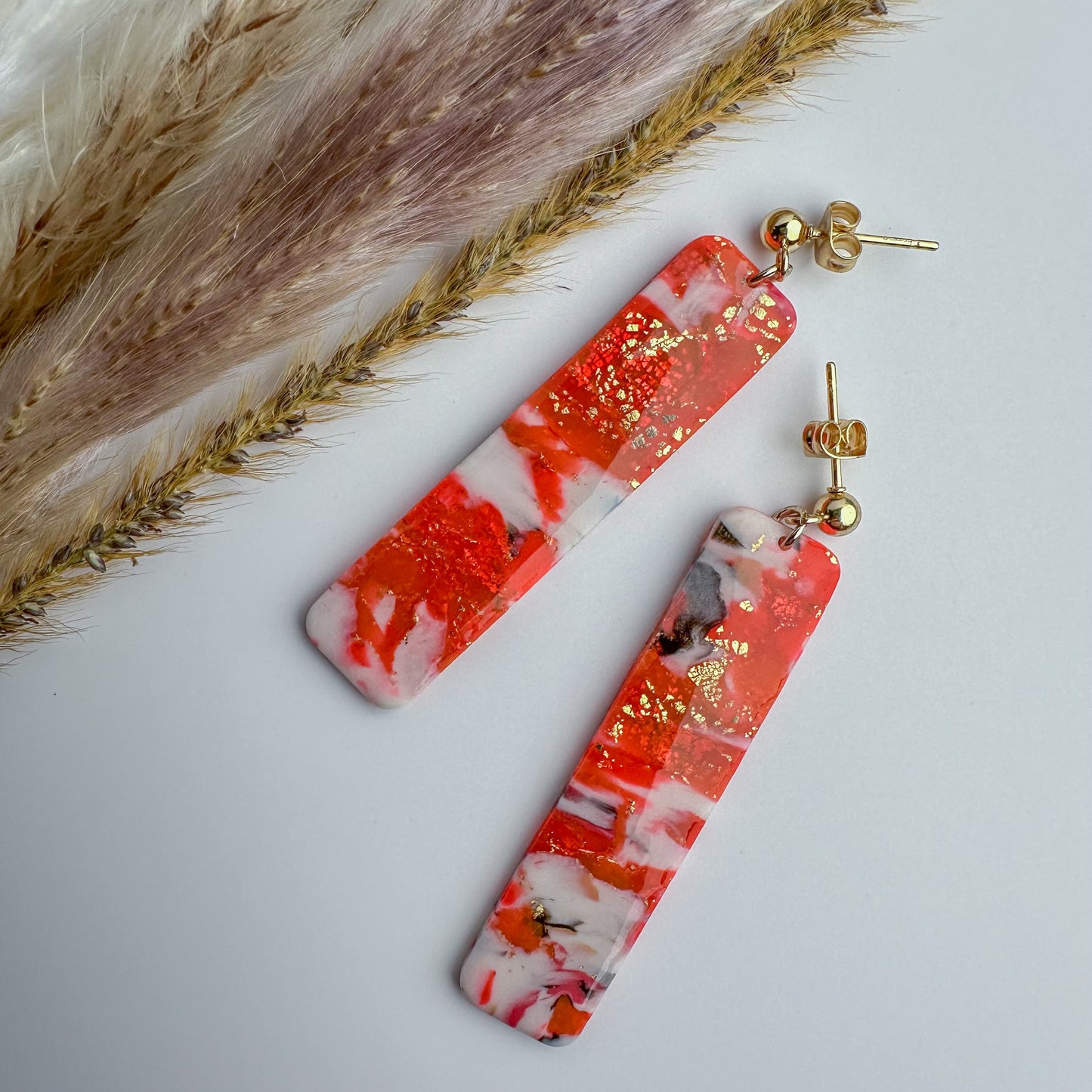 Orange and White Marbled Bar Polymer Clay Dangle Earrings