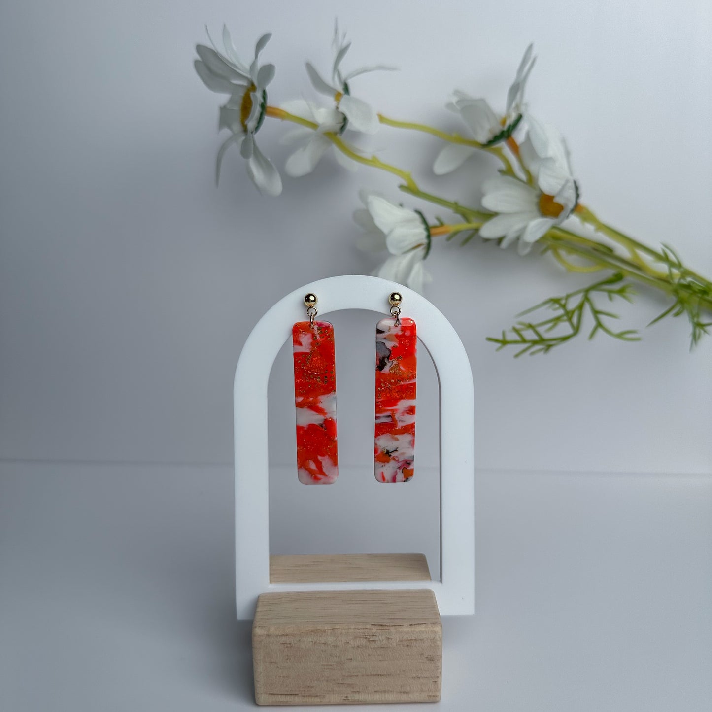 Orange and White Marbled Bar Polymer Clay Dangle Earrings