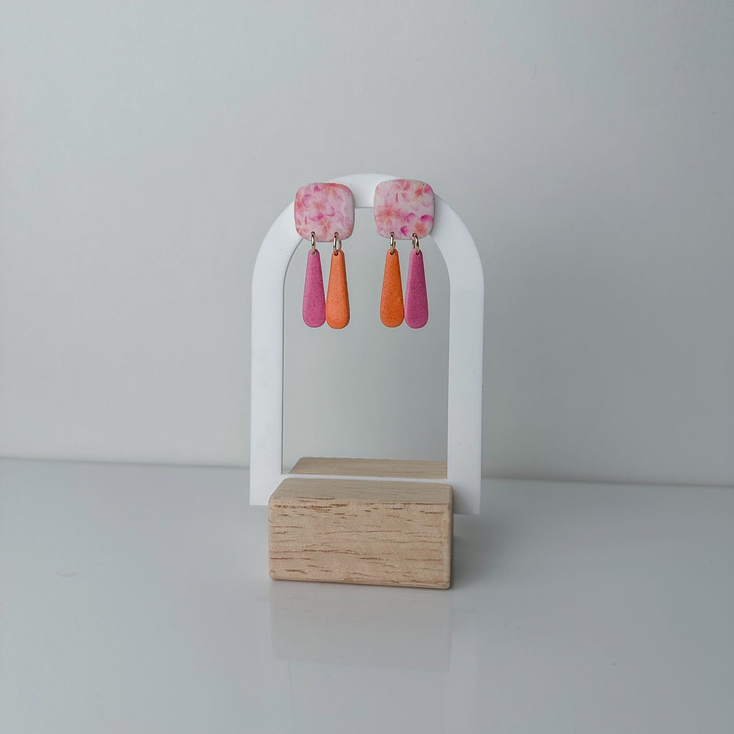 Abstract Drop Earrings - Pink, Orange, and Marbled Polymer Clay Jewelry