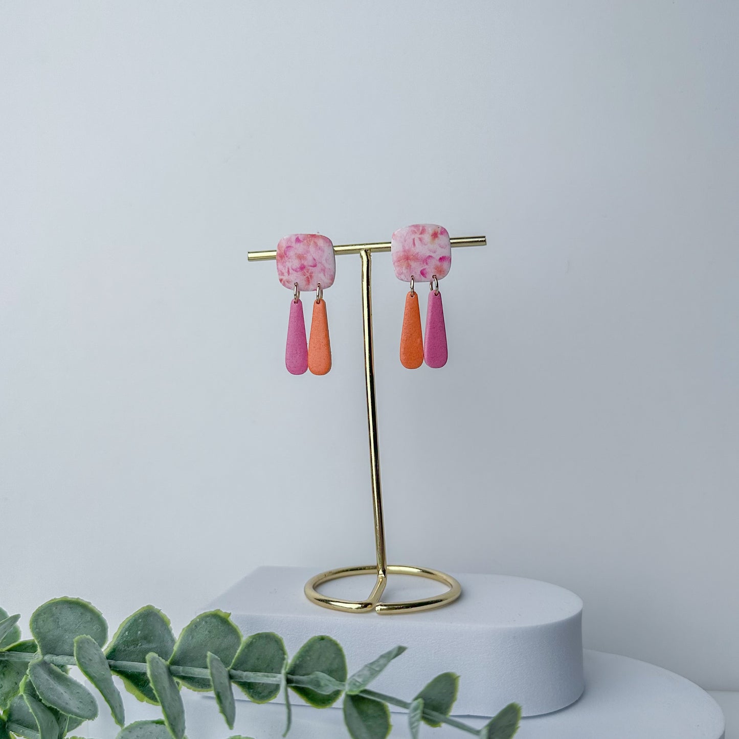 Abstract Drop Earrings - Pink, Orange, and Marbled Polymer Clay Jewelry