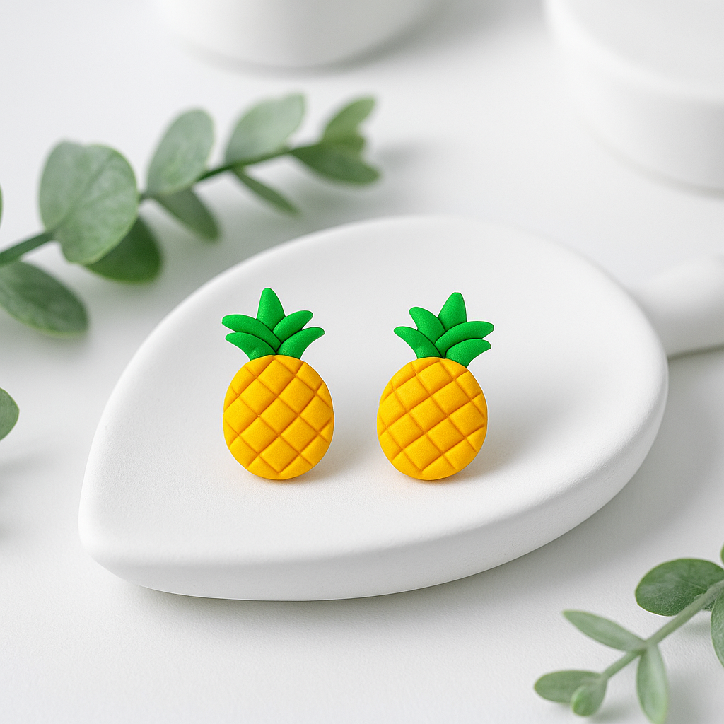 Pineapple-shaped earrings on a white dish with green leaves in the background