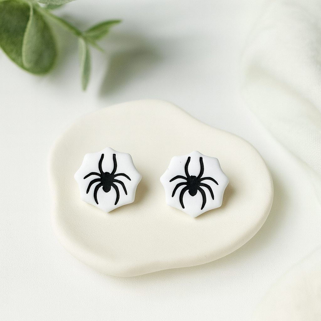 Spider earrings on a white stone with green leaves in the background