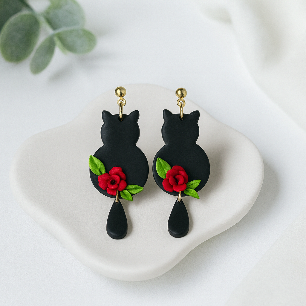 black cat with roses, handmade polymer clay earrings, Halloween earrings