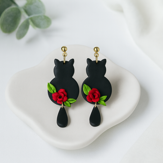black cat with roses, handmade polymer clay earrings, Halloween earrings