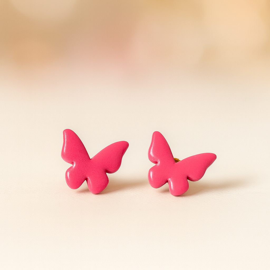 pink_butterfly_studs, handmade using polymer clay